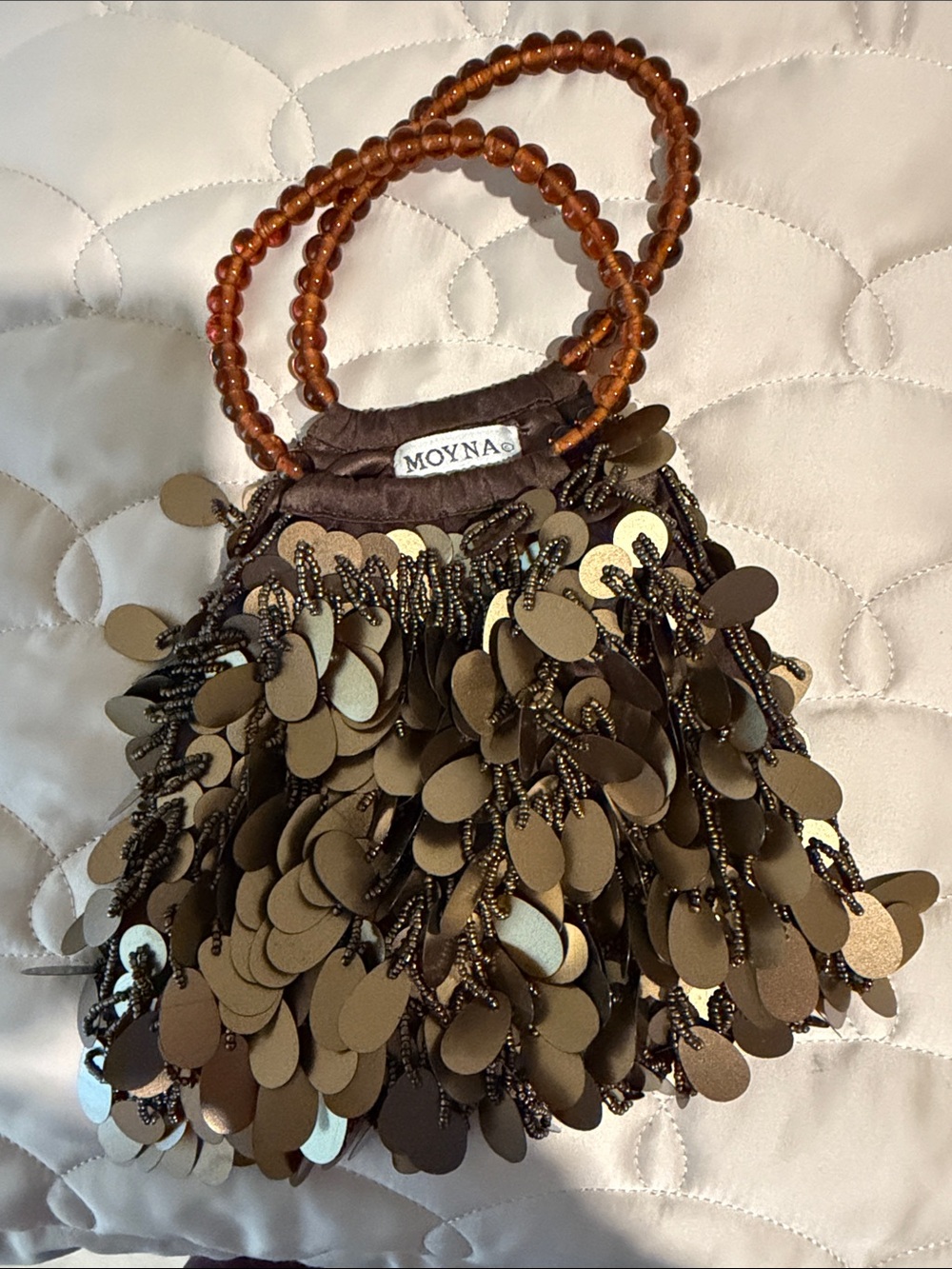 Moyna Brown Sequin Tassel Mini Bag with Amber Beaded Handle